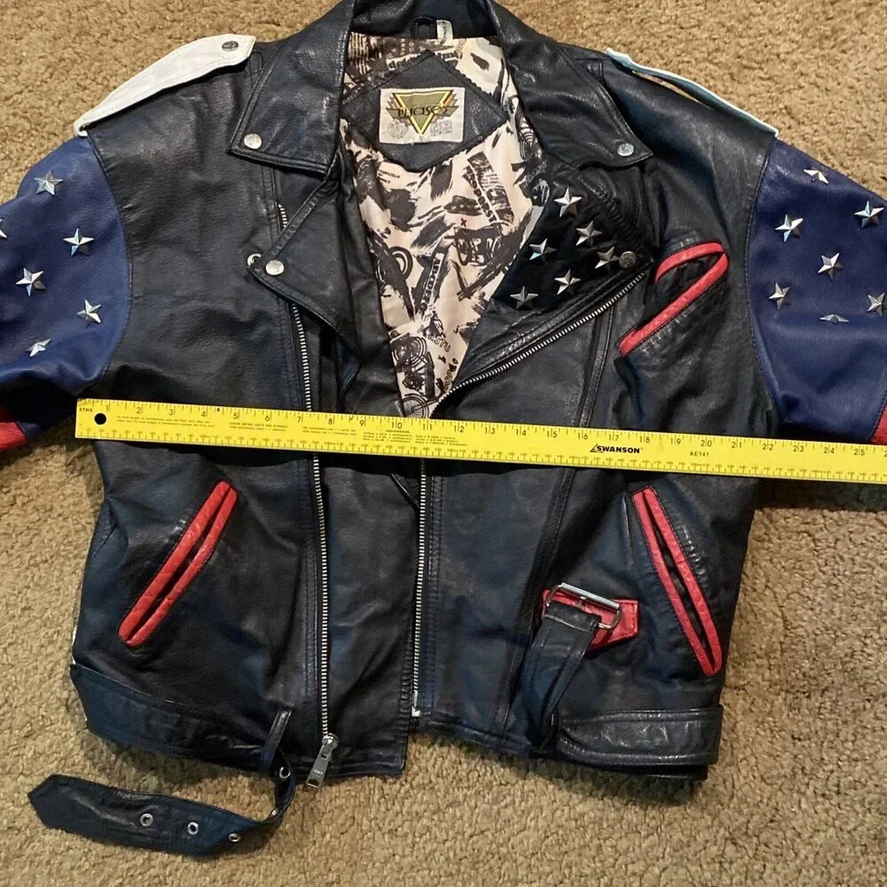 Vintage Phase 2 Leather Jacket Mens Size S American Flag Biker USA Studded Stars - Picture 12 of 16